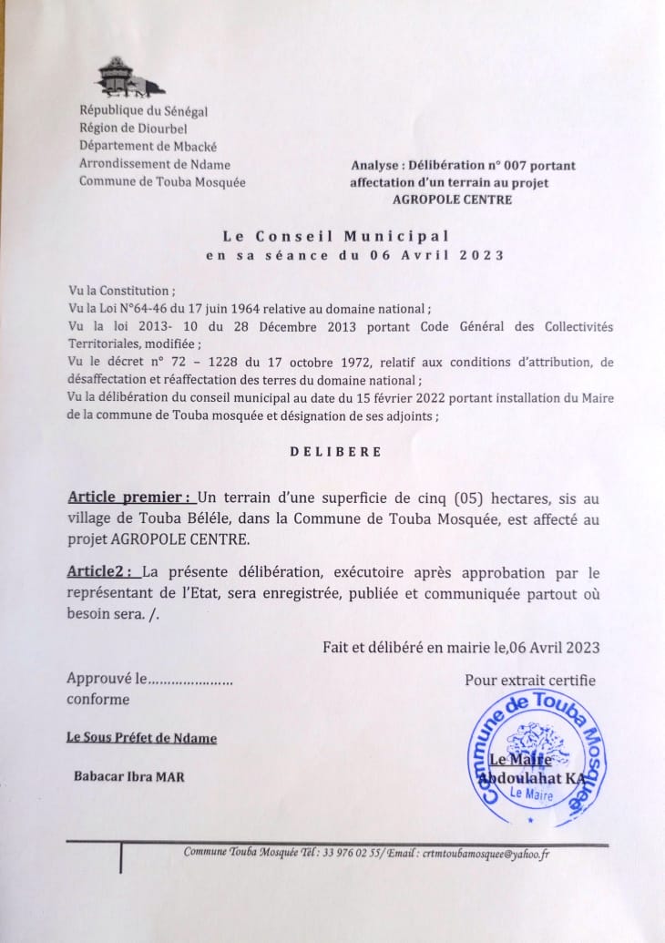 Analyse délibération N° 007 portant affectation d'un terrain au projet Agropole center