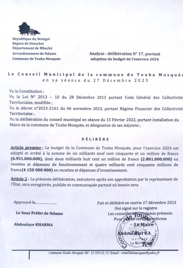 Analyse délibération N° 17 portant adoption du budget de l'exercice 2024